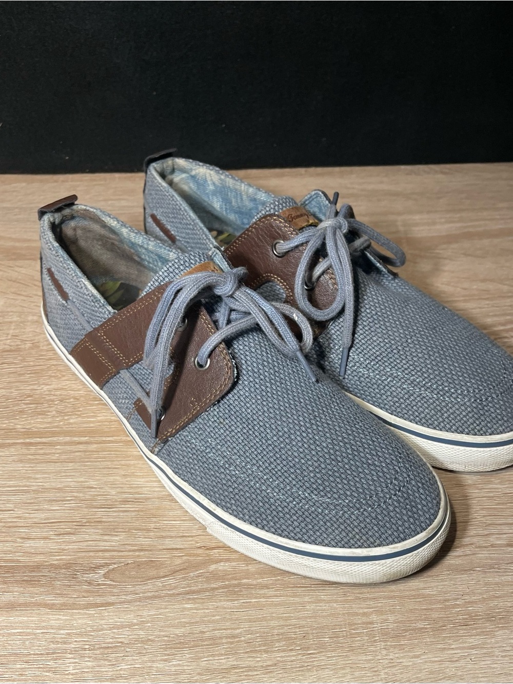 Tommy Bahama Men's Gray Canvas Boat Shoes with Brown Accents